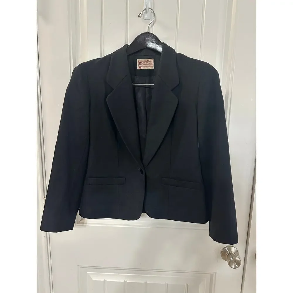 VTG Pendleton 100% Virgin Wool Black Blazer Jacket Women Petite Business Twee